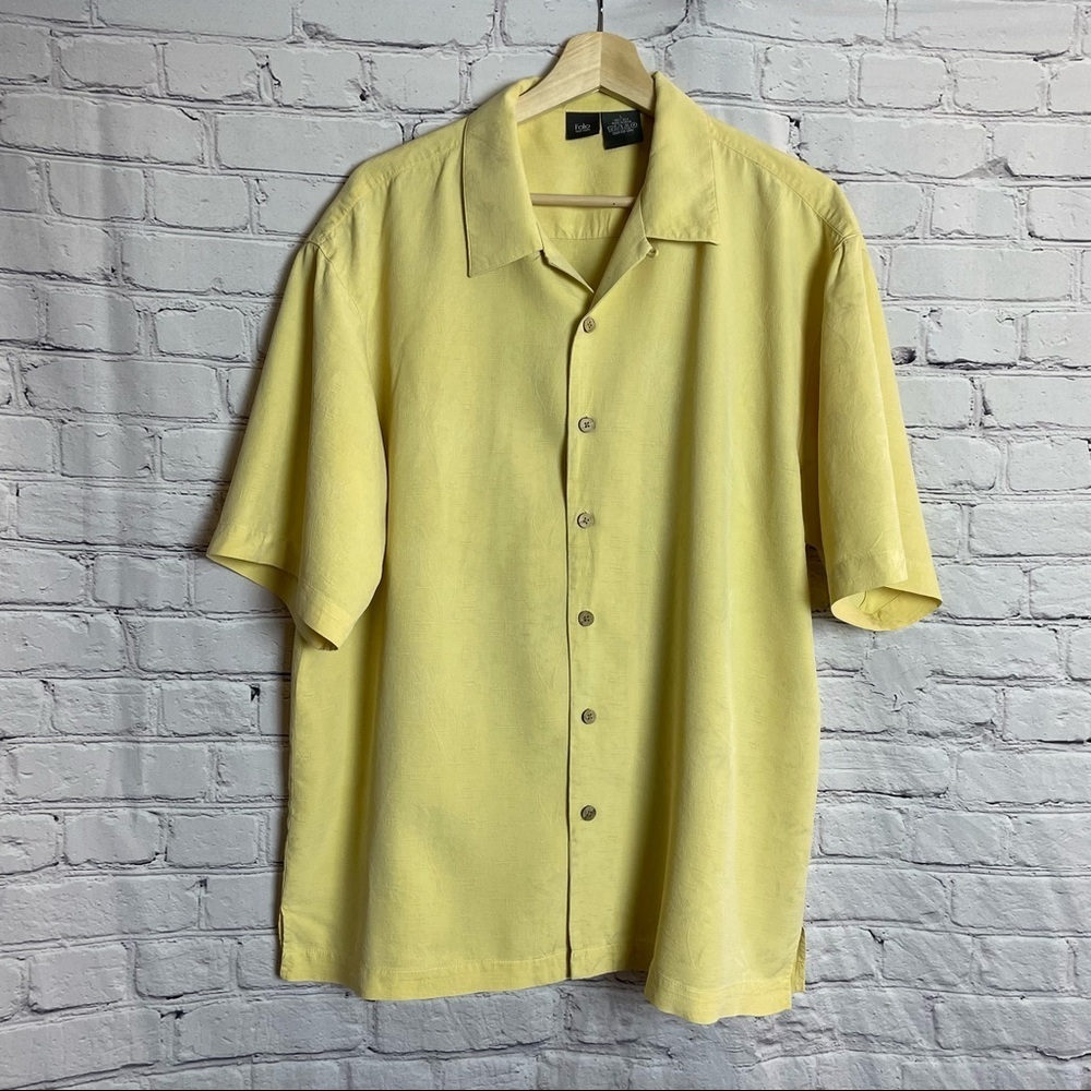 Folio Silk Hawaiian Yellow Shirt Palm Trees Size L